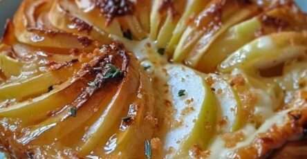 Gâteau crousti-fondant aux pommes doré, présenté en parts, avec une base de biscuits sablés croustillante, des fines tranches de pommes fondantes et une crème vanillée légèrement gratinée.