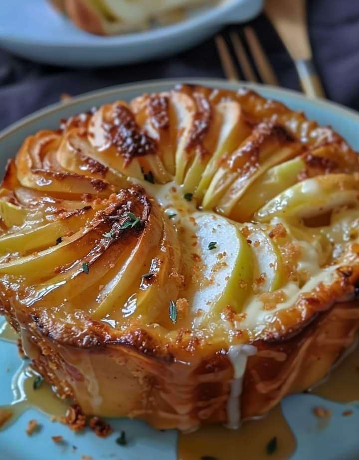 Gâteau crousti-fondant aux pommes doré, présenté en parts, avec une base de biscuits sablés croustillante, des fines tranches de pommes fondantes et une crème vanillée légèrement gratinée.