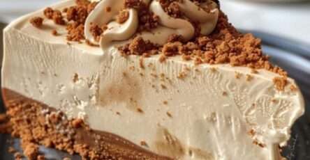 Gâteau mousse au spéculoos présenté sur un plat, avec une base biscuitée croquante, une mousse onctueuse couleur caramel et un décor de miettes de spéculoos.