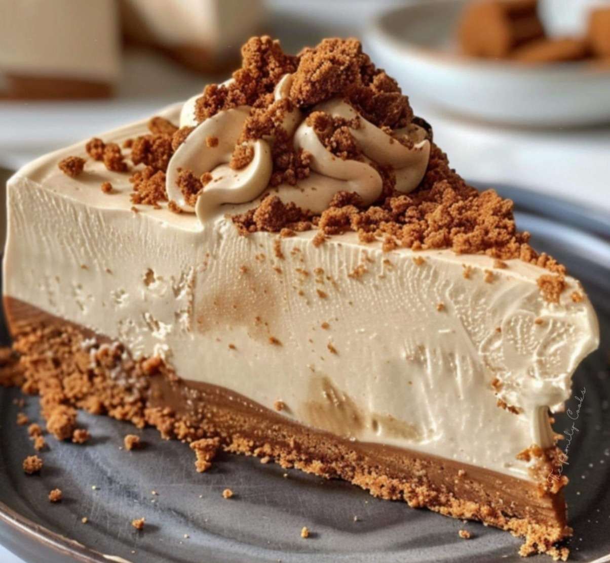 Gâteau mousse au spéculoos présenté sur un plat, avec une base biscuitée croquante, une mousse onctueuse couleur caramel et un décor de miettes de spéculoos.