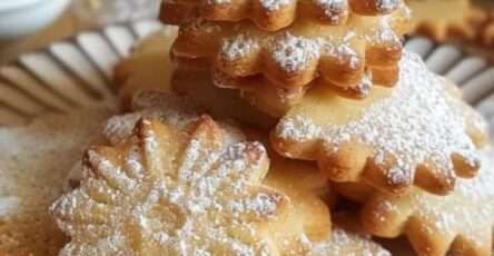 Petits sablés maison dorés découpés en formes variées, légèrement saupoudrés de sucre glace, disposés sur une plaque avec une texture croustillante et fondante.