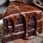 Gâteau au chocolat maison moelleux et fondant, légèrement craquelé sur le dessus, saupoudré de sucre glace et découpé en parts généreuses.