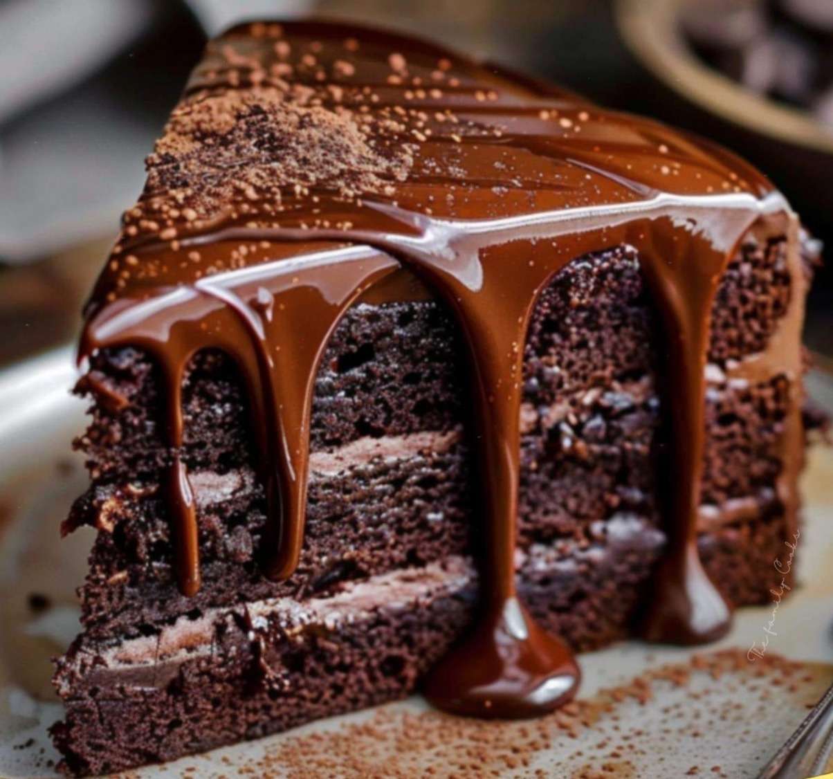 Gâteau au chocolat maison moelleux et fondant, légèrement craquelé sur le dessus, saupoudré de sucre glace et découpé en parts généreuses.