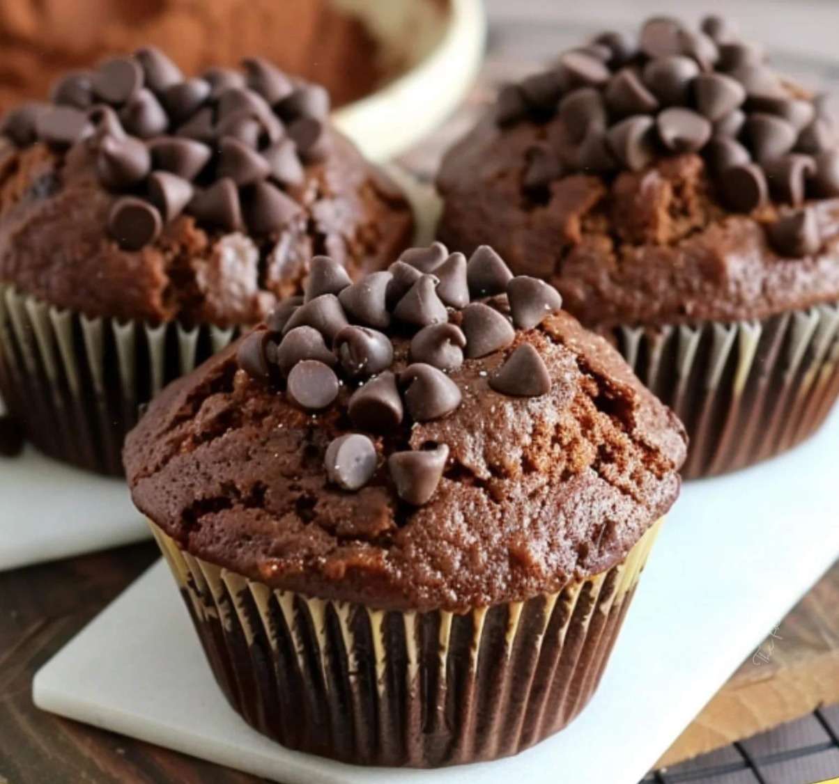 Muffins au chocolat moelleux à la compote de pommes, texture légère et aérée, avec quelques pépites visibles, présentés sur une grille de refroidissement.