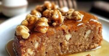 Gâteau aux noix et au miel doré, texture moelleuse avec morceaux de noix visibles, présenté en tranches sur un plat rustique.
