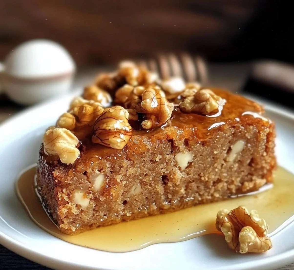 Gâteau aux noix et au miel doré, texture moelleuse avec morceaux de noix visibles, présenté en tranches sur un plat rustique.