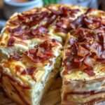 Cake camembert et lardons salé, tranches moelleuses avec fromage fondant visible, présenté sur une planche rustique.