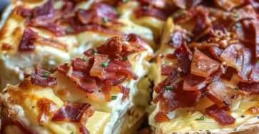 Cake camembert et lardons salé, tranches moelleuses avec fromage fondant visible, présenté sur une planche rustique.