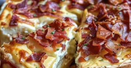 Cake camembert et lardons salé, tranches moelleuses avec fromage fondant visible, présenté sur une planche rustique.