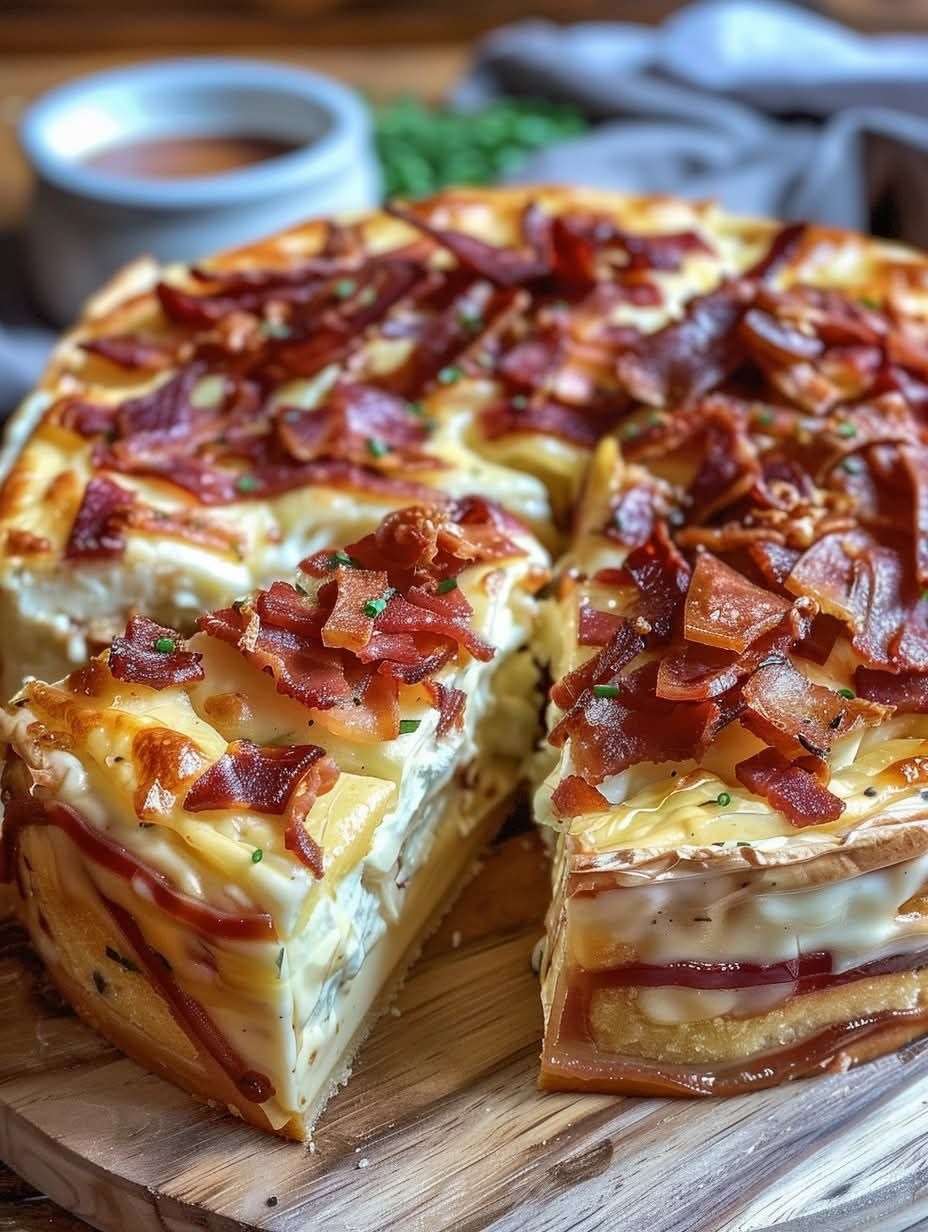 Cake camembert et lardons salé, tranches moelleuses avec fromage fondant visible, présenté sur une planche rustique.