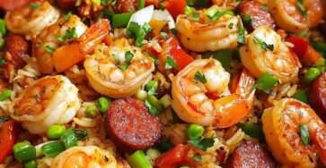Riz frit cajun aux crevettes et saucisses, coloré avec poivrons, œufs brouillés et oignons verts, servi chaud dans une poêle.