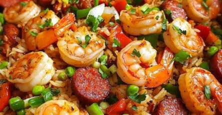 Riz frit cajun aux crevettes et saucisses, coloré avec poivrons, œufs brouillés et oignons verts, servi chaud dans une poêle.