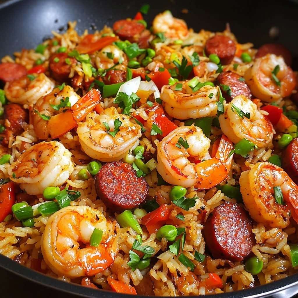 Riz frit cajun aux crevettes et saucisses, coloré avec poivrons, œufs brouillés et oignons verts, servi chaud dans une poêle.