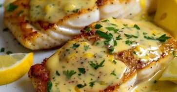 Sauce au citron onctueuse nappant un filet de poisson, avec persil frais et texture légèrement épaisse et brillante.