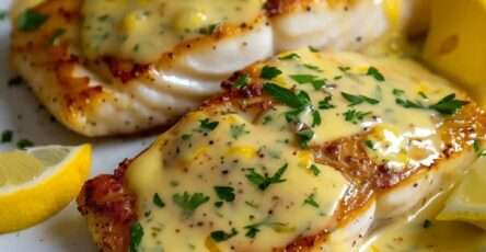 Sauce au citron onctueuse nappant un filet de poisson, avec persil frais et texture légèrement épaisse et brillante.