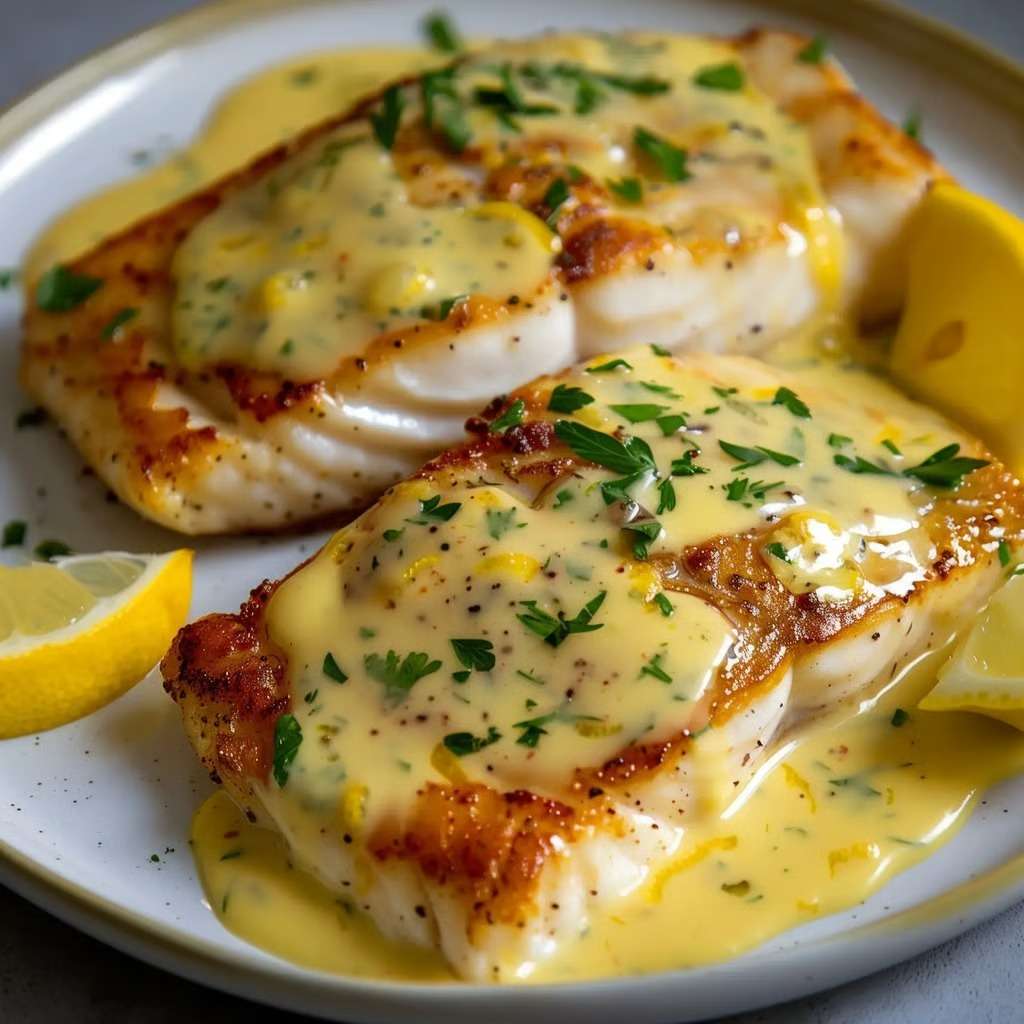 Sauce au citron onctueuse nappant un filet de poisson, avec persil frais et texture légèrement épaisse et brillante.