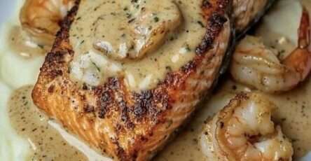 Pavé de saumon poêlé accompagné de crevettes nappées de sauce crémeuse, servi avec une purée de pommes de terre lisse et onctueuse.