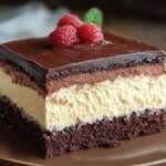 Gâteau chocolat avec base moelleuse, mousse vanille aérienne et ganache brillante, décoré de framboises fraîches sur le dessus.