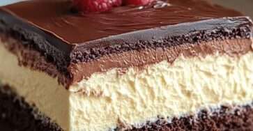 Gâteau chocolat avec base moelleuse, mousse vanille aérienne et ganache brillante, décoré de framboises fraîches sur le dessus.