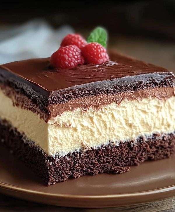 Gâteau chocolat avec base moelleuse, mousse vanille aérienne et ganache brillante, décoré de framboises fraîches sur le dessus.