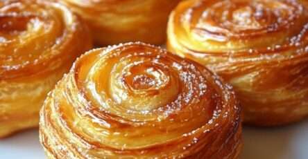 Cruffins dorés et croustillants en spirale, avec couches feuilletées caramélisées, saupoudrés de sucre glace dans un moule à muffins.