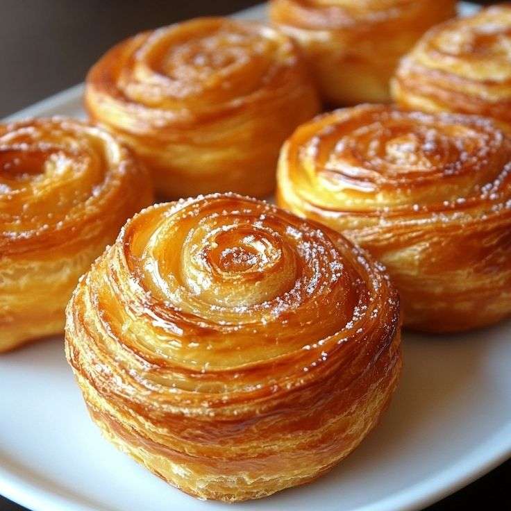 Cruffins dorés et croustillants en spirale, avec couches feuilletées caramélisées, saupoudrés de sucre glace dans un moule à muffins.