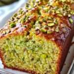 Cake à la pistache moelleux avec croûte brillante, parsemé de pistaches concassées, texture fondante et intérieur vert délicat.
