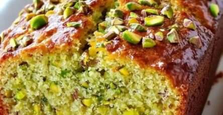 Cake à la pistache moelleux avec croûte brillante, parsemé de pistaches concassées, texture fondante et intérieur vert délicat.