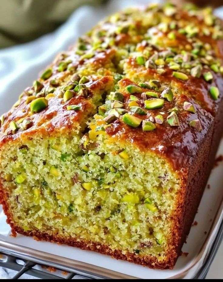 Cake à la pistache moelleux avec croûte brillante, parsemé de pistaches concassées, texture fondante et intérieur vert délicat.