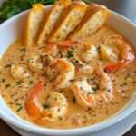 Bol de bisque de crevettes onctueuse, couleur orangée intense, garnie de crevettes tendres et persil frais, servie avec pain grillé.