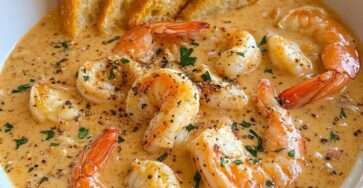 Bol de bisque de crevettes onctueuse, couleur orangée intense, garnie de crevettes tendres et persil frais, servie avec pain grillé.