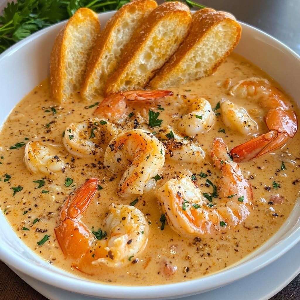 Bol de bisque de crevettes onctueuse, couleur orangée intense, garnie de crevettes tendres et persil frais, servie avec pain grillé.
