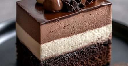 Entremets trois chocolats avec couches distinctes noir, lait et blanc, recouvert d’un glaçage brillant et décoré de copeaux de chocolat.