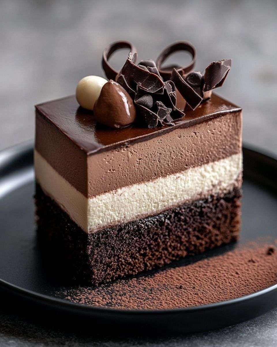 Entremets trois chocolats avec couches distinctes noir, lait et blanc, recouvert d’un glaçage brillant et décoré de copeaux de chocolat.