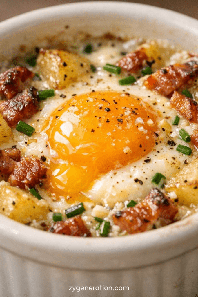 Deux œufs cocotte servis en ramequins, garnis de crème onctueuse, pommes de terre fondantes, lard fumé croustillant et ciboulette fraîche.
