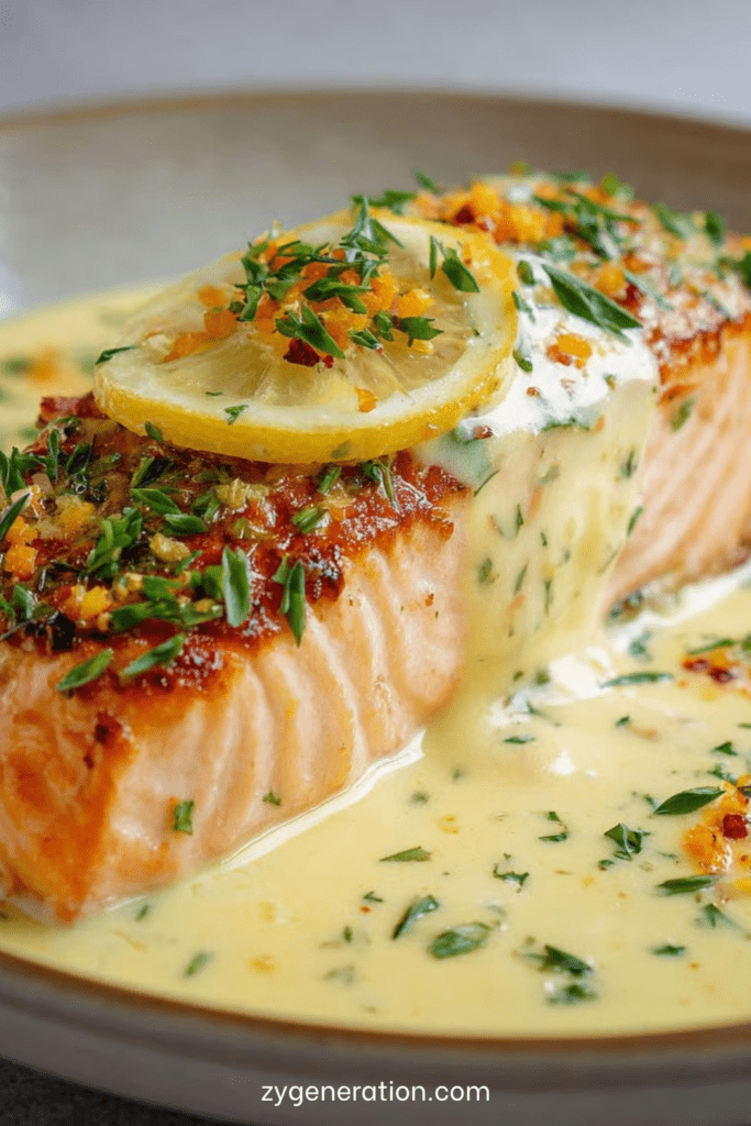 Pavés de saumon au four nappés d’une sauce crémeuse au citron, garnis de rondelles de citron et d’herbes fraîches dans un plat de cuisson.