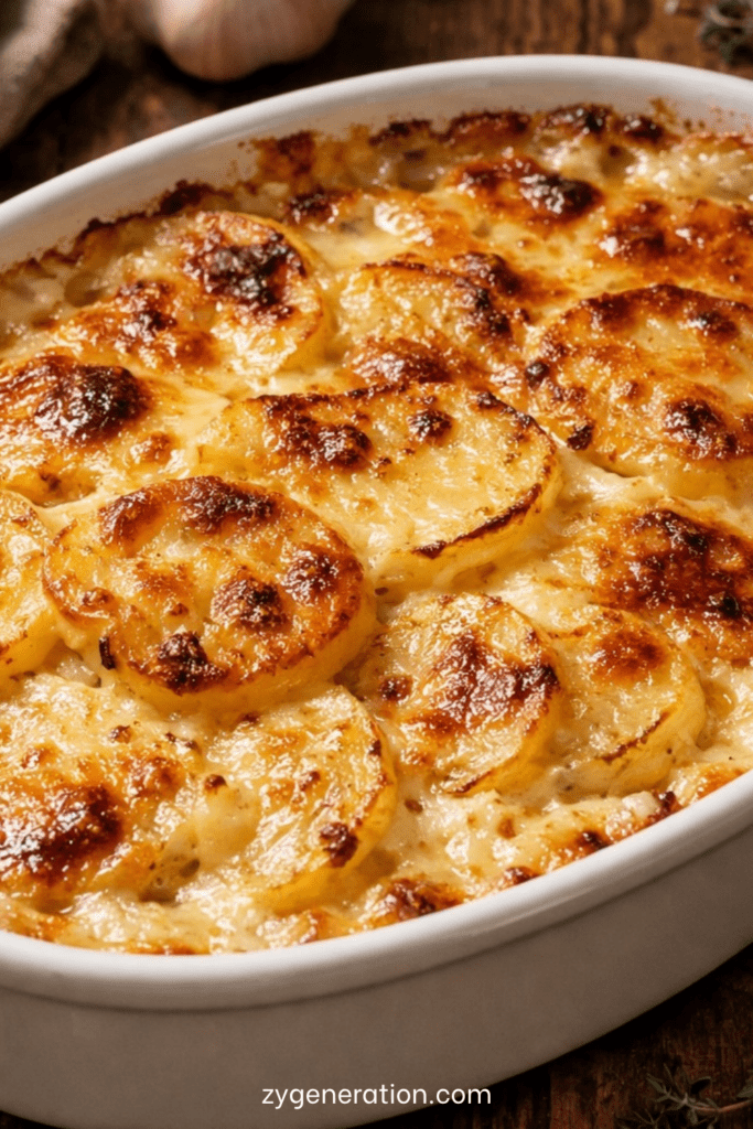 Gratin dauphinois traditionnel doré au four, couches de pommes de terre fondantes nappées de crème, servi dans un plat à gratin rustique.