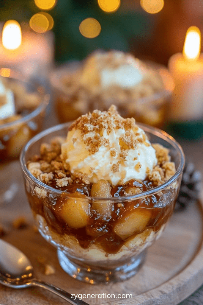 Verrine pomme caramélisées, crème onctueuse et crumble de biscuits sablés, nappées de caramel fondant.