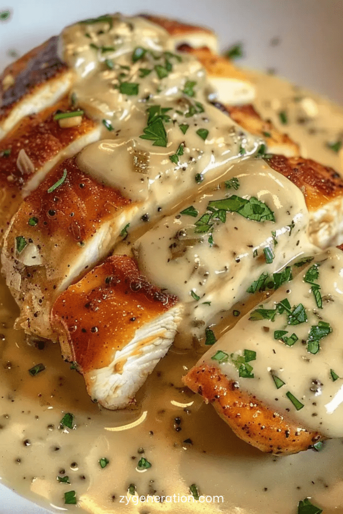 Blancs de poulet au boursin dorés nappés d’une sauce crémeuse au Boursin, garnis de persil frais dans une poêle chaude.