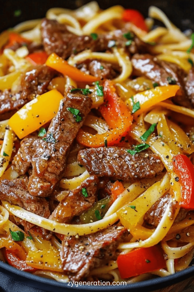 Nouilles sautées au bœuf avec poivrons colorés, oignon et herbes fraîches, servies chaudes dans un wok.