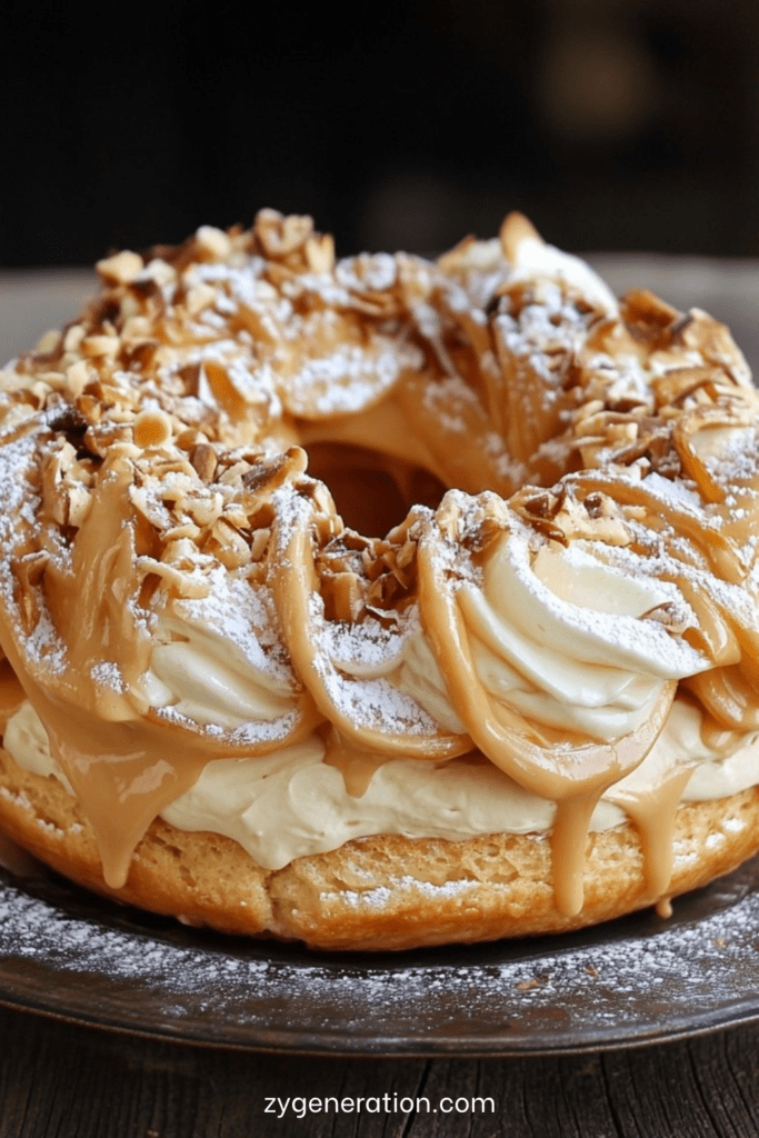Paris-Brest en forme de couronne garni de crème pralinée, pâte à choux dorée avec amandes effilées et sucre glace.