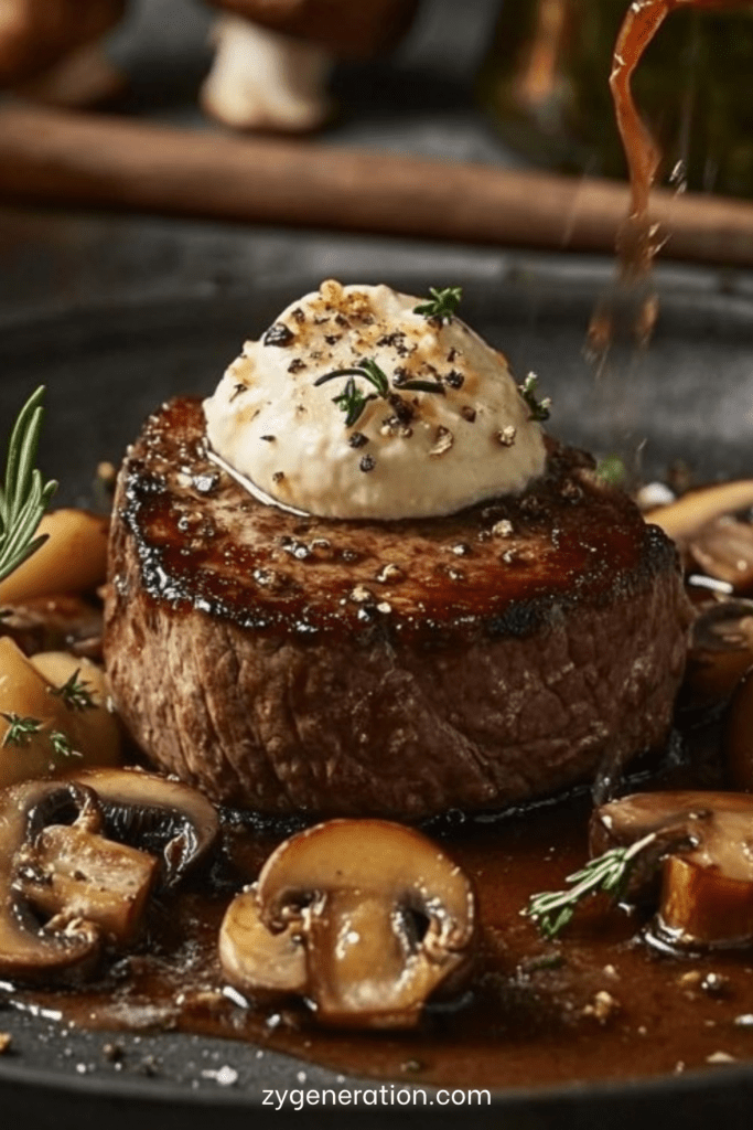 Filet mignon de porc nappé d’une sauce crémeuse au Boursin avec champignons de Paris dorés, servi chaud avec persil frais dans une poêle.