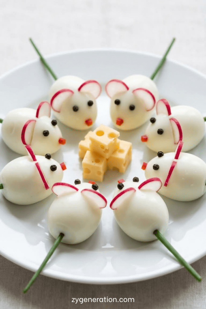 Œufs souris durs décorés en petites souris avec oreilles en radis, yeux en poivre, nez en carotte et queue en ciboulette, présentés avec cubes de fromage.