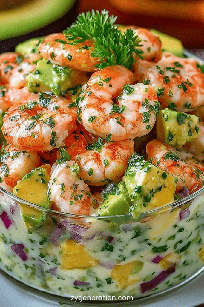 Salade de crevettes et avocat en dés nappée d’une sauce crémeuse aux herbes, présentée dans un bol avec persil frais et oignon rouge.