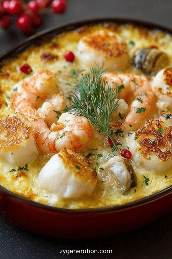 Cassolette de fruits de mer gratinée au four avec crevettes, moules et Saint-Jacques nappées d’une sauce crémeuse dorée au fromage.