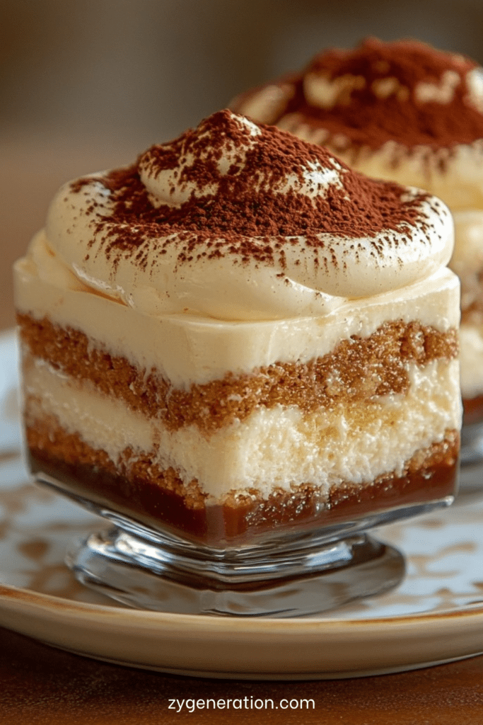 Tiramisu en verrines crémeux avec couches de biscuits imbibés de café, crème mascarpone légère et cacao saupoudré sur le dessus.
