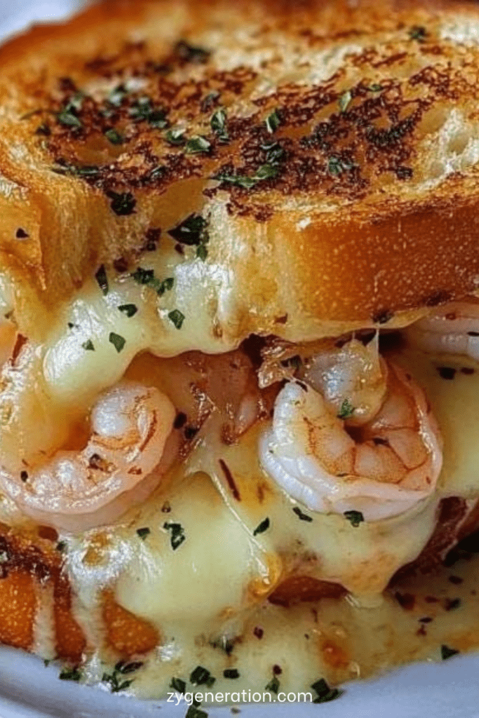 Croque-monsieur garni de crevettes crémeuses et fromage fondu, pain doré croustillant, servi chaud avec persil frais.