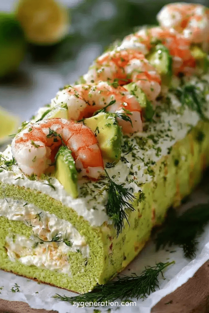 Bûche salée roulée garnie de crème avocat, crevettes et citron vert, décorée avec herbes fraîches et tranches d’avocat.