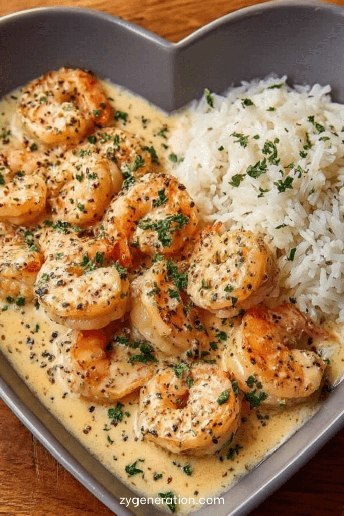 Crevettes dorées nappées de sauce crémeuse à l’ail servies avec du riz moelleux, garnies de persil frais et citron.