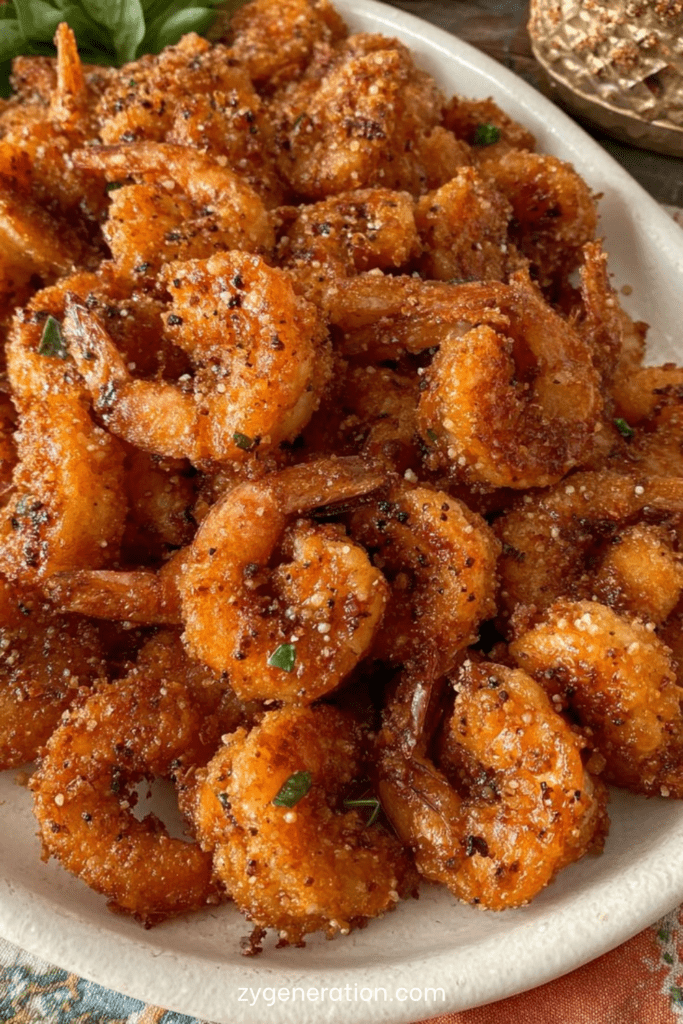 Crevettes panées croustillantes au parmesan et à l’ail, dorées à la perfection, servies avec persil frais et citron.